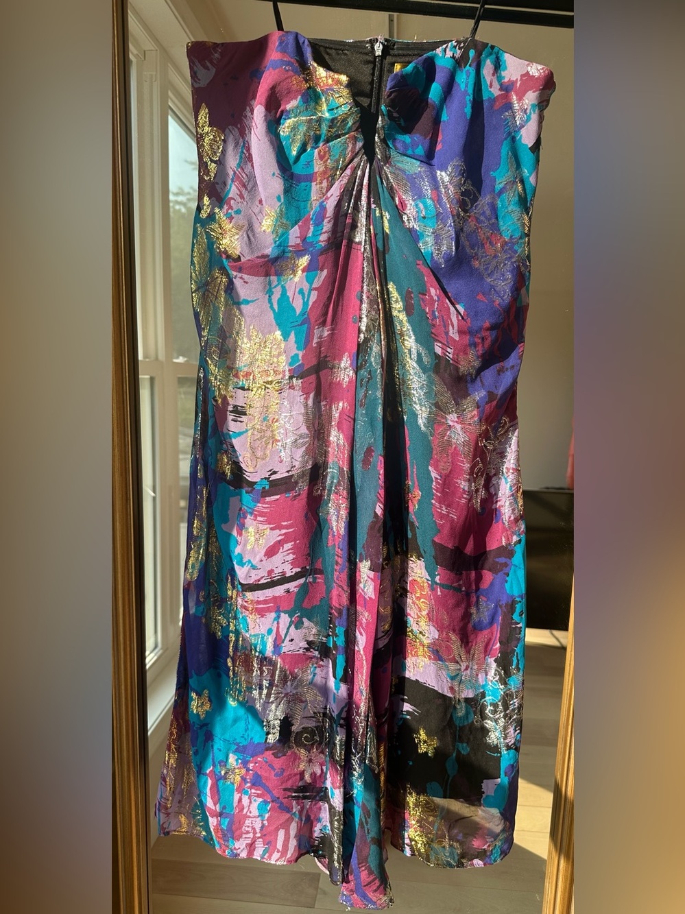 Nicole Miller Watercolor Strapless Gold Dress 65% Silk Size 8
